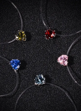 日韩简约文艺爱心吊坠项链 透明鱼线彩色锆石隐形森系锁骨链