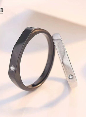 S925银异地恋对戒情侣戒指女男纯银一对单身尾戒指环开口可调节戒