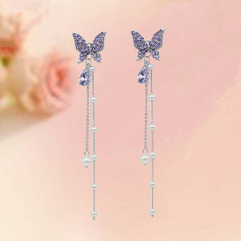 2020新款潮夸张高贵紫蝴蝶满钻长款珍珠流苏气质耳环网红耳饰女