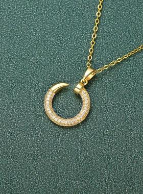 高质锆石几何形微镶钩子吊坠项链高级感不锈钢链锁骨链女