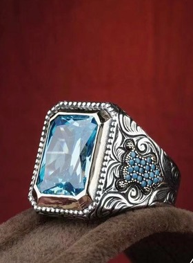 欧美跨境饰品 几何方形海蓝锆石戒指女 复古纹理朋克嘻哈指环男