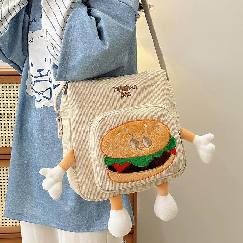 中点灯芯绒斜挎包女小学生初中生2025新款可爱卡通汉堡补习单肩包,箱包皮具/热销女包/男包,时尚帆布包,淘宝优惠券,粉丝福利购,淘宝优惠卷