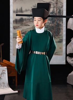 新款宋制儿童汉服圆领袍官袍纯色古装袍红色绿色状元话剧演出服