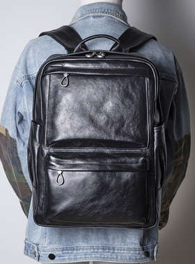 可插拉杆箱真皮双肩包男大容量商务出差通勤背包休闲旅行包电脑包