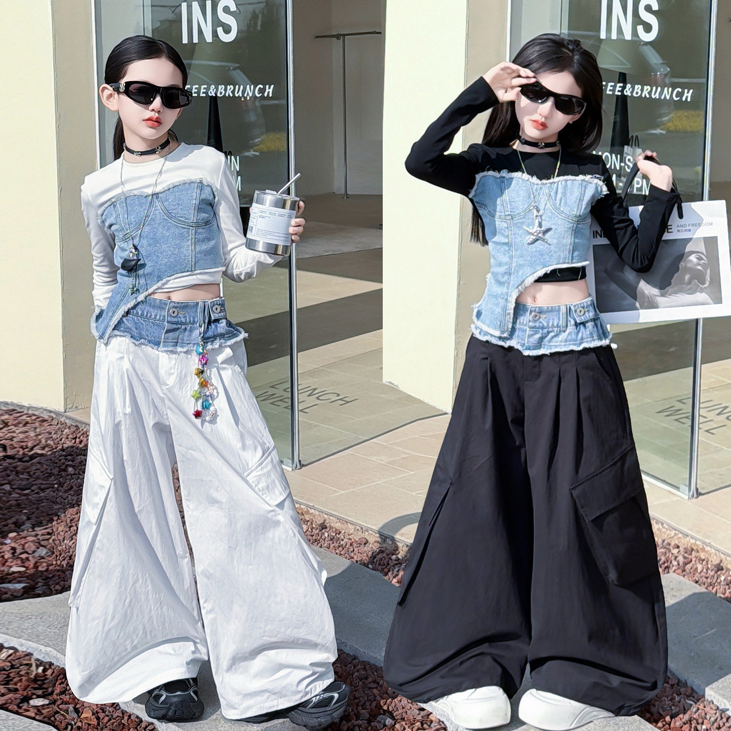 女童爵士舞春秋套装2026新款时髦潮酷儿童街舞牛仔拼接个性工装裤