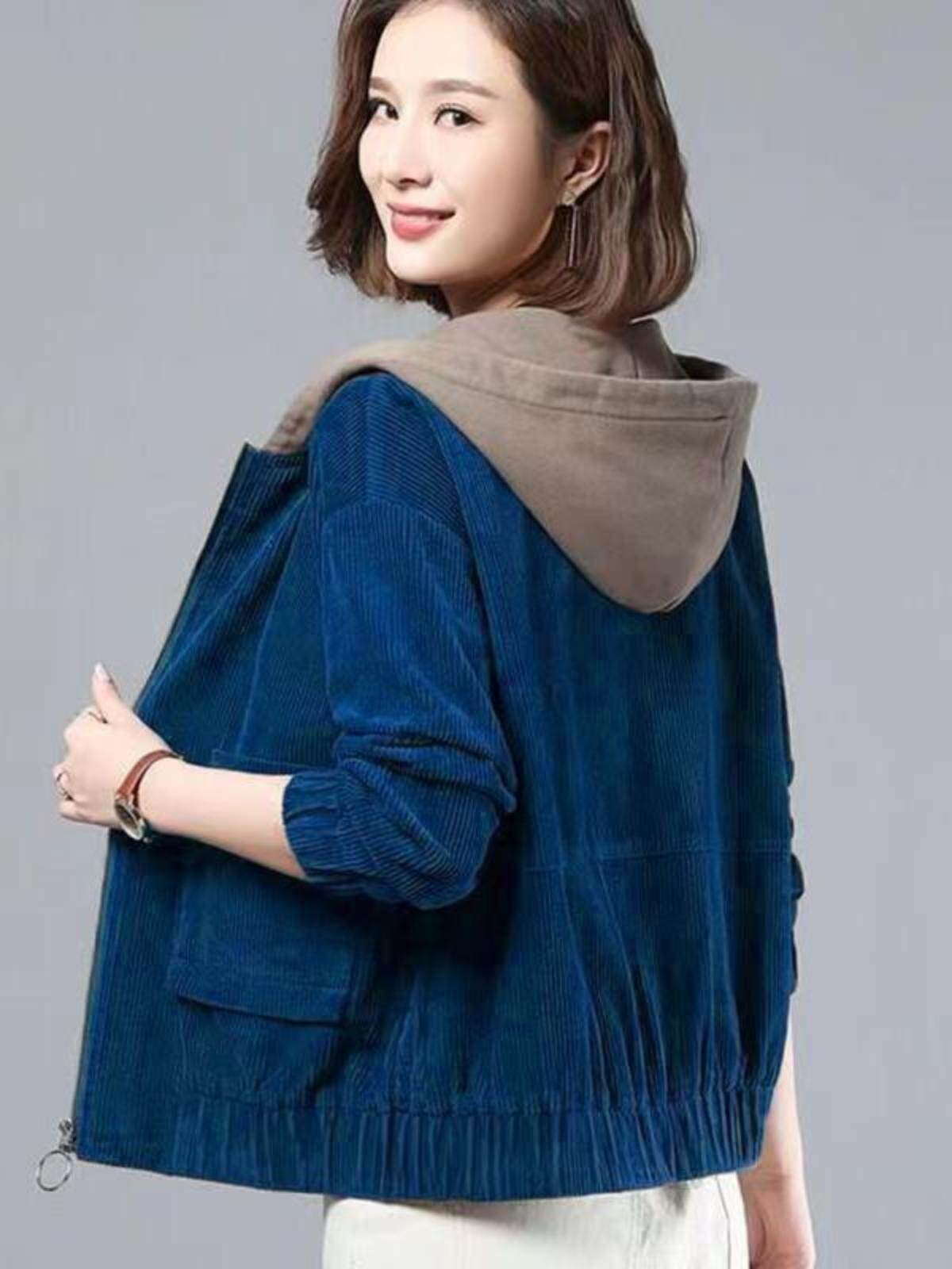 FLEECE THICKENED CORDUROY JACKET FOR FEMALE MOTHERS FASHION KOREAN LOOSE HOODED COMPOSITE JACKET