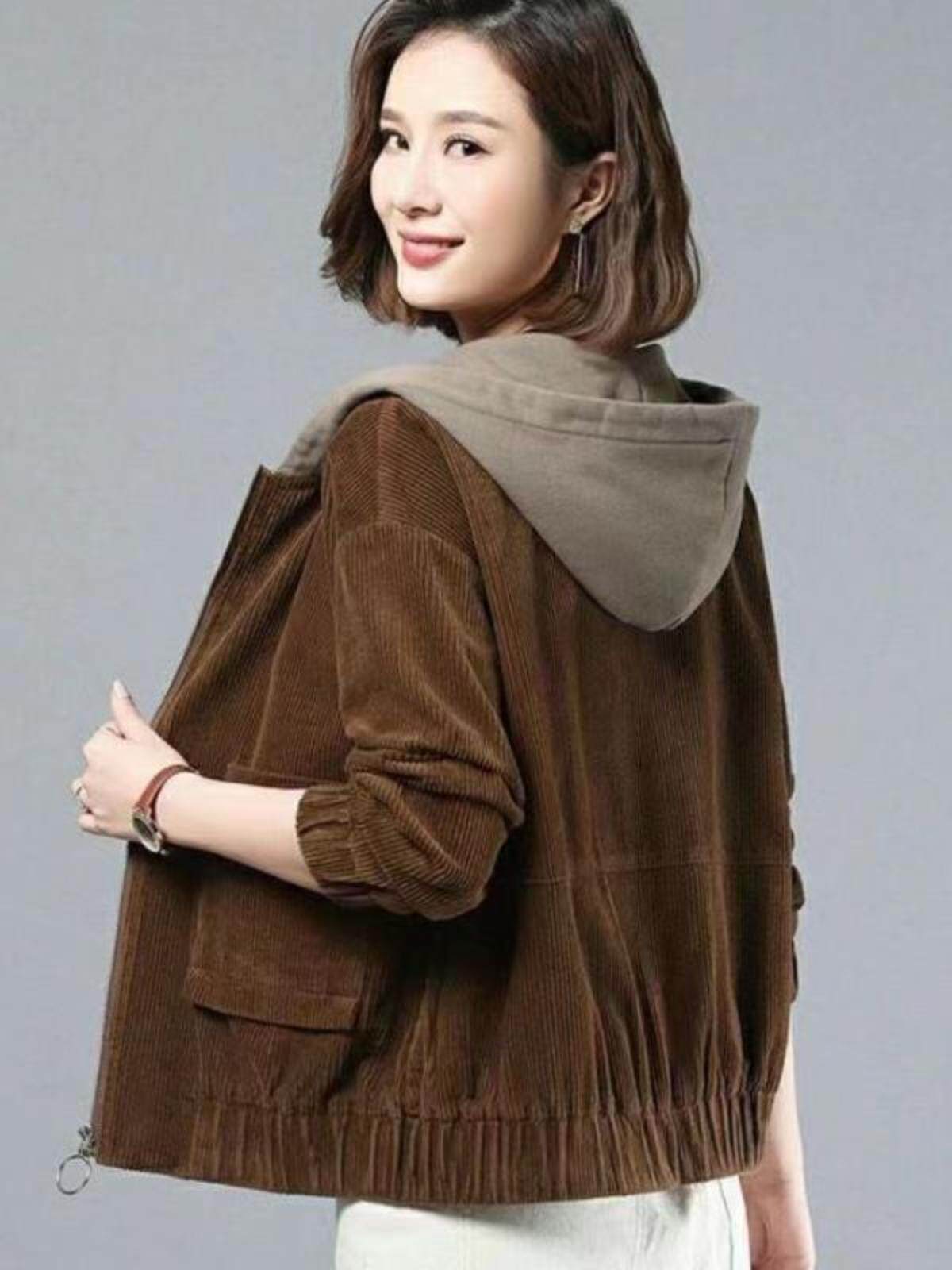FLEECE THICKENED CORDUROY JACKET FOR FEMALE MOTHERS FASHION KOREAN LOOSE HOODED COMPOSITE JACKET
