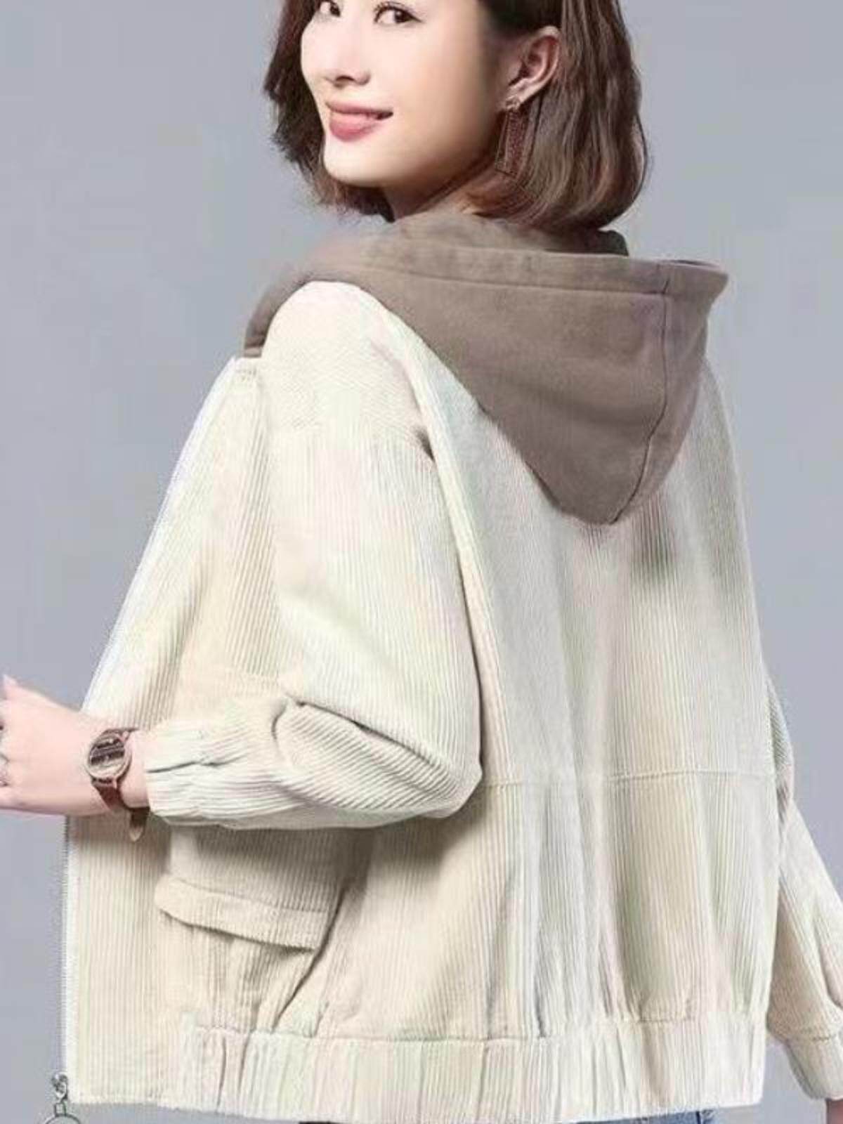 FLEECE THICKENED CORDUROY JACKET FOR FEMALE MOTHERS FASHION KOREAN LOOSE HOODED COMPOSITE JACKET