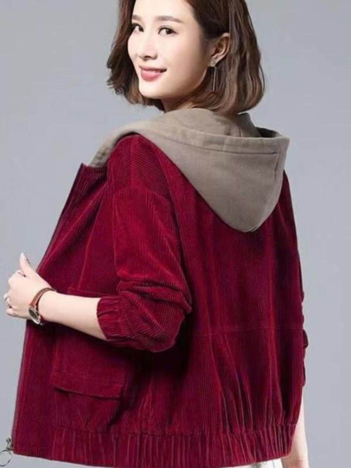 FLEECE THICKENED CORDUROY JACKET FOR FEMALE MOTHERS FASHION KOREAN LOOSE HOODED COMPOSITE JACKET