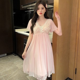 莫代尔女款 薄款 带胸垫睡裙女夏季 2025新款 宫廷风性感睡衣 短袖 大码