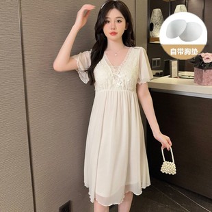 莫代尔女款 薄款 带胸垫睡裙女夏季 2025新款 宫廷风性感睡衣 短袖 大码