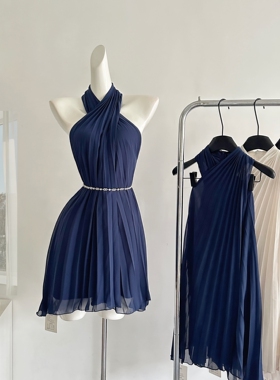 kikimy古早韩味挂脖连衣裙女装蓝色裙礼服蓝色褶皱连身裙裙子