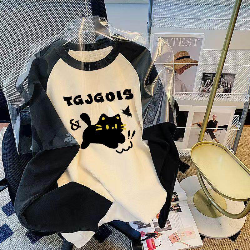 美式复古猫咪长袖T恤女童秋装2025新款纯棉大童撞色ins上衣打底衫