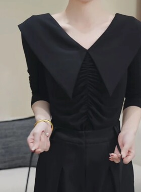法式翻领长袖T恤女修身显瘦2025春季新款百搭小众内搭上衣服9882