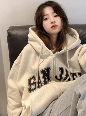 TXT 拉链开衫美式宽松慵懒风灰色加厚连帽卫衣女oversize加绒外套