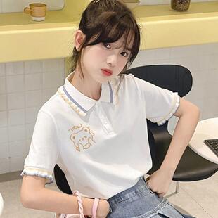 初中生少女polo衫短袖学生夏季女大童百搭翻领设计感正肩t恤上衣
