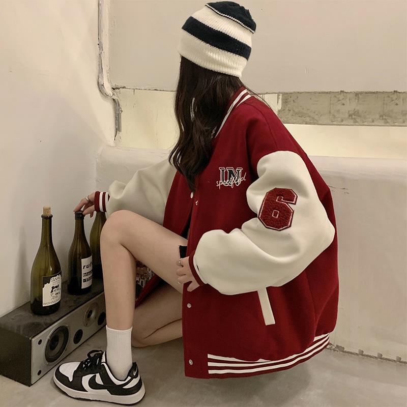 酒红色棒球服少女春秋202图片