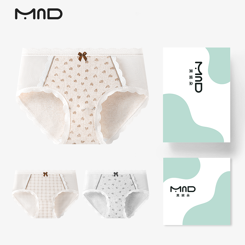 莫妮朵复古印花A类纯棉拼接网纱内裤10A抑菌纯棉裆中腰大码三角裤