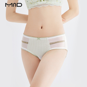莫妮朵日系格子拼接蕾丝弹力木耳边中腰7A全棉抑菌裆大码内裤女生