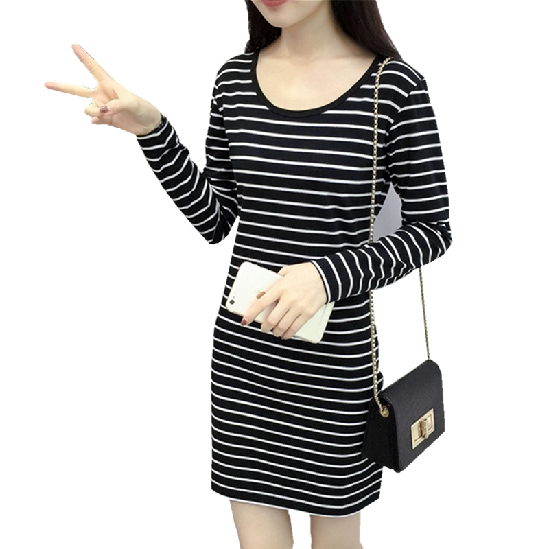 春秋薄款条纹中长款长袖t恤女修身显瘦大码套头打底衫包臀连衣裙
