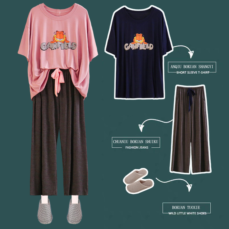 大码睡衣女200斤可爱卡通宽松莫代尔薄款夏天短袖长裤家居服套装