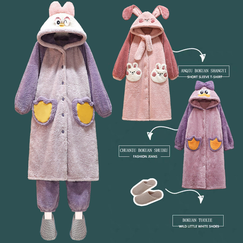 特大码睡衣女200斤珊瑚绒秋冬季胖MM加肥加大睡袍卡通家居服套装