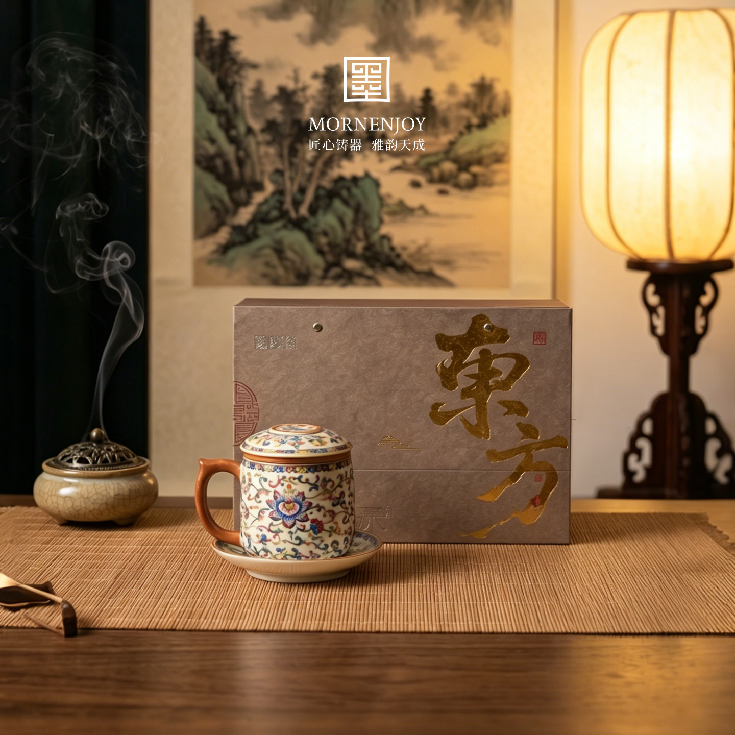 汝窑泡茶杯茶水分离水杯高档带盖子办公杯礼盒装送长辈爸爸马年礼