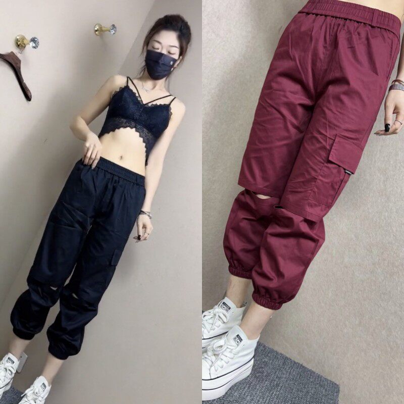 高腰工装裤女韩版显瘦时尚薄款洋气七分裤潮女士夏季束脚破洞休闲
