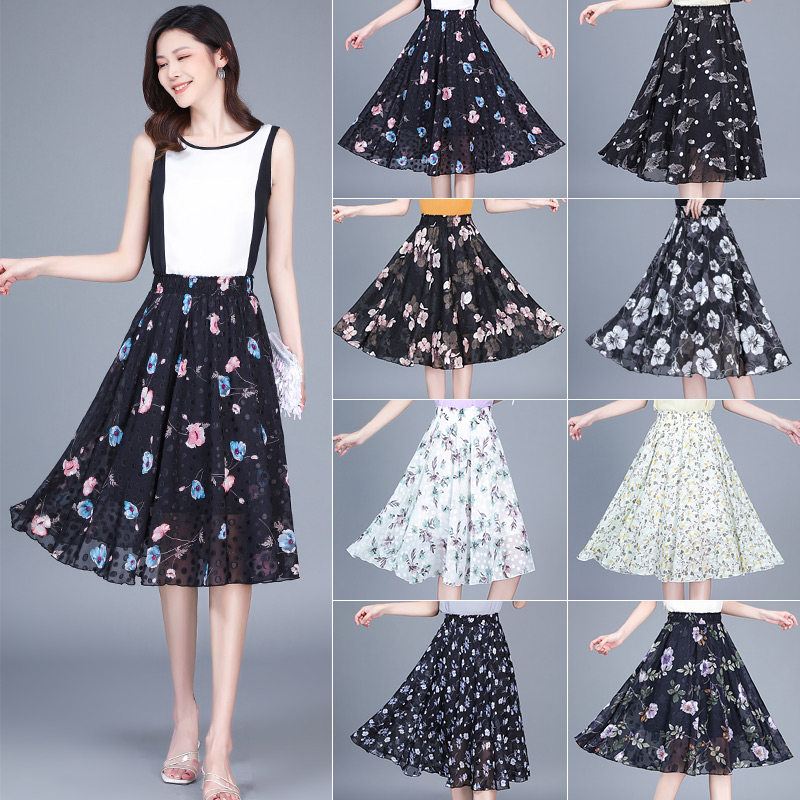 雪纺印花大摆裙女夏季薄款a字中长款半身裙高腰今年流行裙子碎花