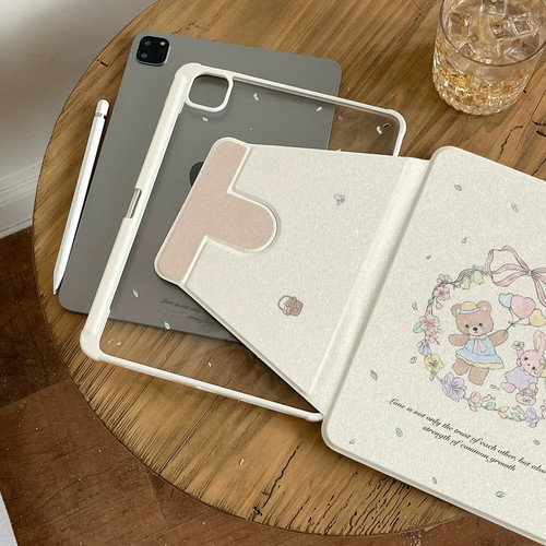 花环小熊兔适用iPadAir8/7/6保护壳旋转支架iPad A16平板保护套Pro12.9英寸第10代新款2026带笔槽mini7/6可爱