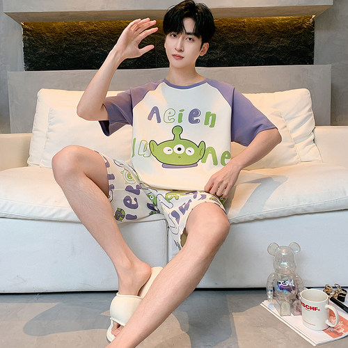 男士睡衣夏季纯棉薄款短袖短裤