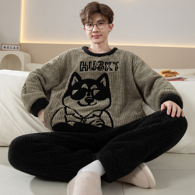 男士睡衣秋冬季珊瑚绒加厚加绒