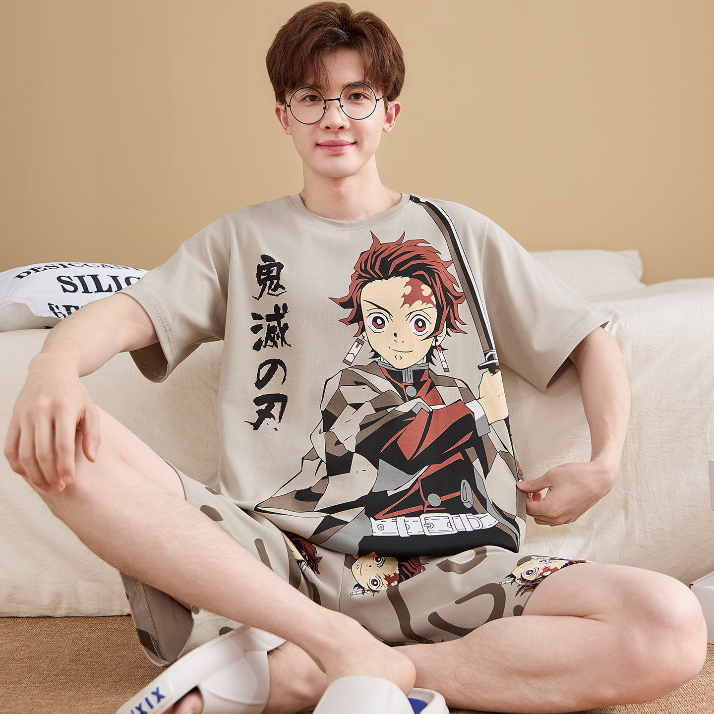夏季薄款短袖短裤男士纯棉睡衣鬼灭之刃动漫加大码男生家居服套装