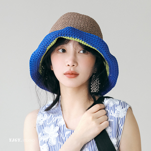 FUCHEMA 撞色渔夫帽女春夏季百搭防晒遮阳帽海边度假渔夫帽草帽子