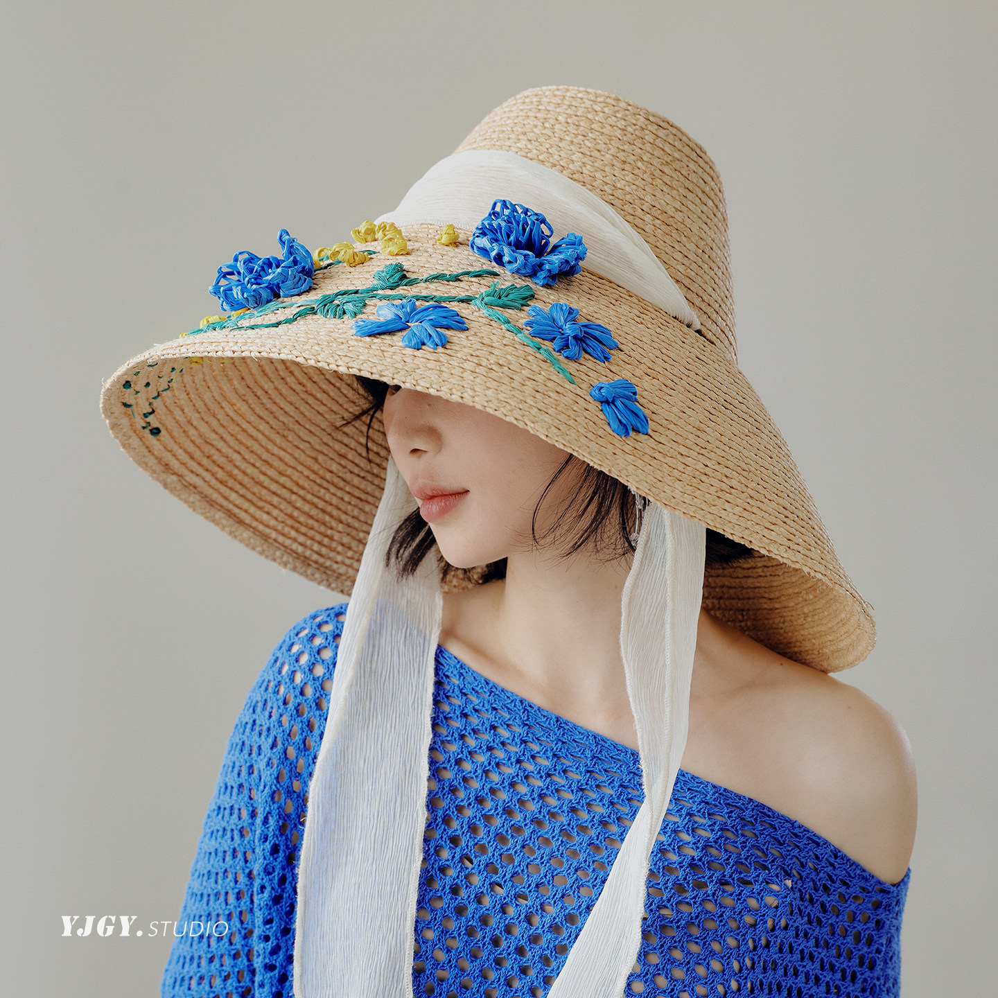 FUCHEMA 设计师原创绣花大檐显脸小遮阳帽夏巨好看防晒拉菲草帽子