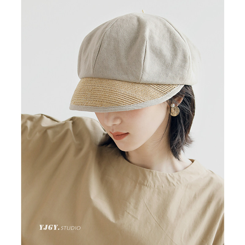 文艺透气拼接鸭舌帽女春夏天出游百搭棉麻报童帽韩版日系画家帽子