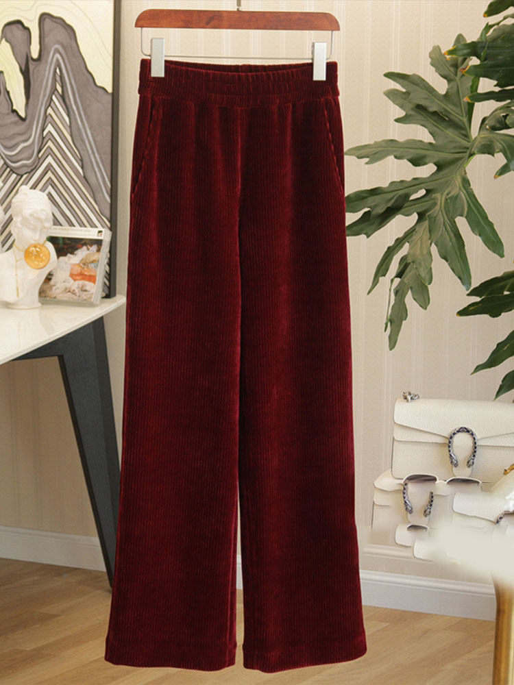 AMERICAN-STYLE HIGH-END SENSE OF FOREIGN VINTAGE RED STRETCH HIGH-WAISTED CORDUROY STRIPED VELVET WIDE-LEG PANTS TROUSERS WOMENS AUTUMN AND WINTER EUROPEAN GOODS
