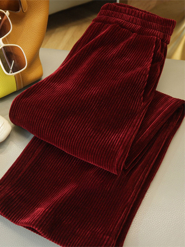 AMERICAN-STYLE HIGH-END SENSE OF FOREIGN VINTAGE RED STRETCH HIGH-WAISTED CORDUROY STRIPED VELVET WIDE-LEG PANTS TROUSERS WOMENS AUTUMN AND WINTER EUROPEAN GOODS