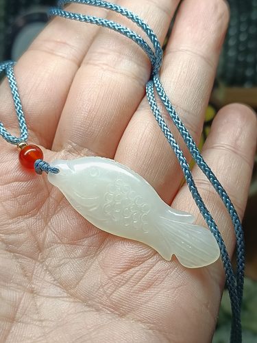 青海和田白玉好运锦鲤附体余生有你年年有余挂件吊坠毛衣链项链