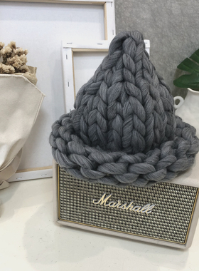 粗织钩针毛线帽灰色秋冬百搭时尚潮帽子女加厚护耳保暖雪地渔夫帽