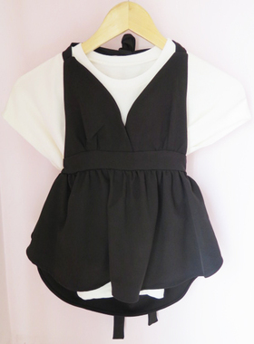 韩国东大门白色t恤+黑色挂脖荷叶边蝴蝶结可爱两件套小众网红