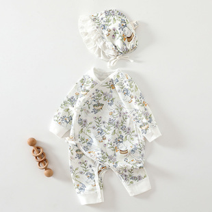 6月新生婴幼儿纯棉连体衣A类无骨初生宝宝蝴蝶衣森系衣服送胎帽