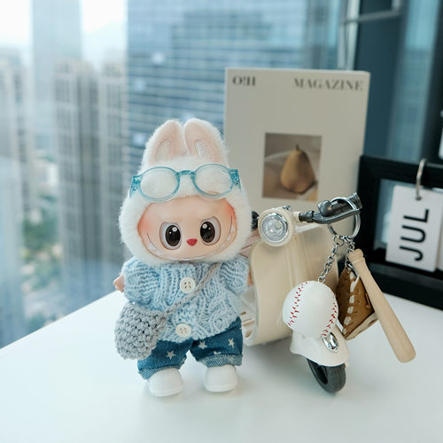 拉布布娃衣17cm搪胶盲盒挂件毛衣套装牛仔裤包含鞋子眼镜labubu