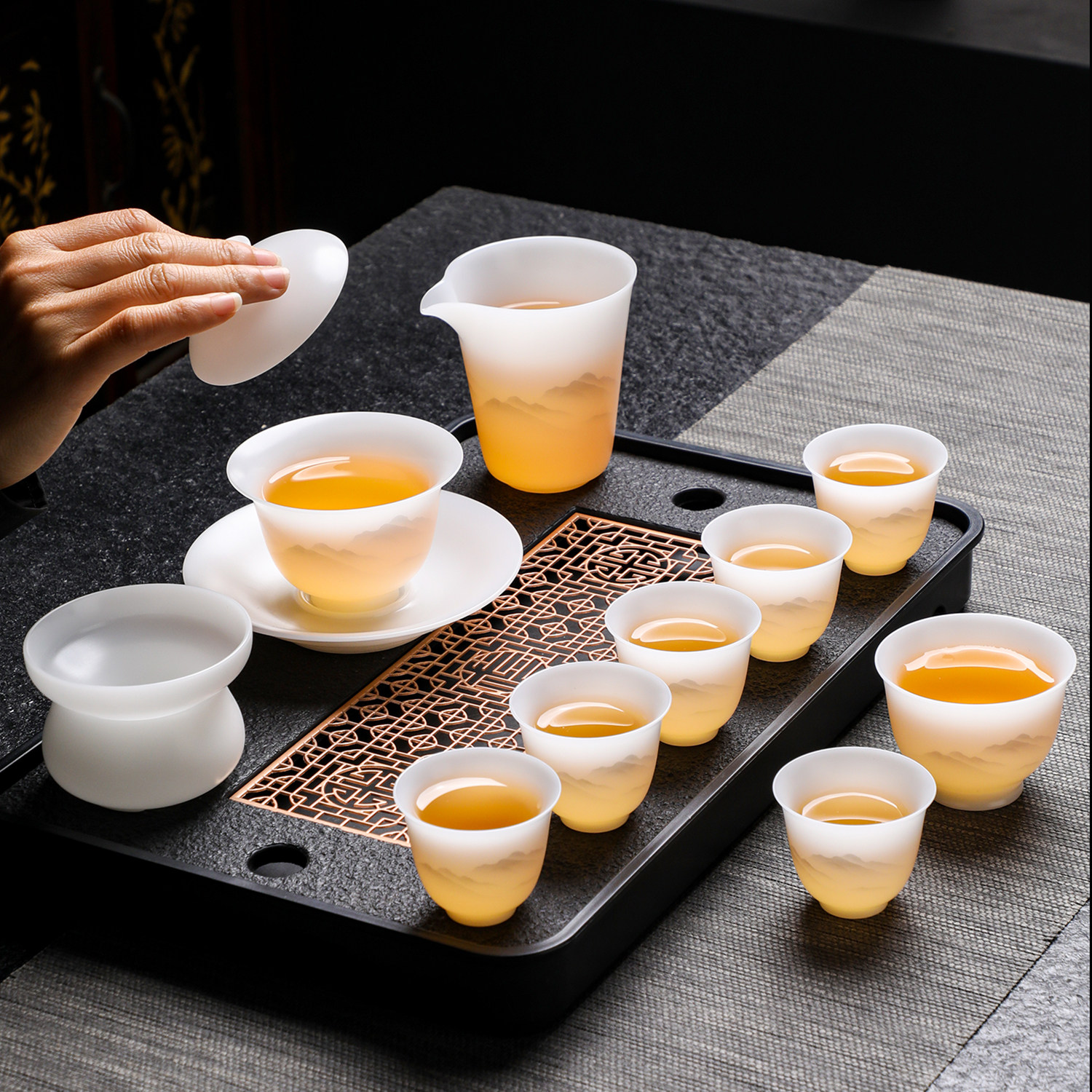 高档素烧冰种璞玉瓷盖碗功夫茶具