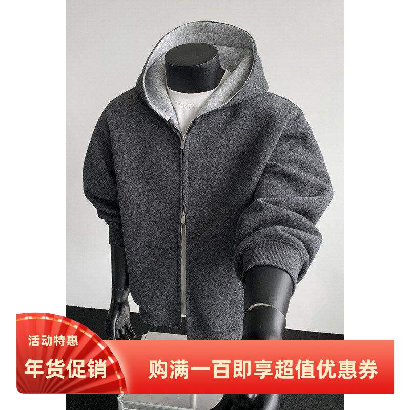 430G重磅拼接开衫连帽卫衣男款美式潮牌boxy短款廓形上衣休闲外套