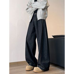 丹宁黑色弯刀牛仔裤男款春秋cleanfit老钱风裤子直筒宽松阔腿长裤