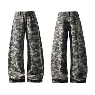 美式迷彩牛仔裤男秋季高街潮牌大码宽松阔腿拖地长裤弯刀裤子男款