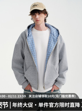 MIDASHAND 500g重磅休闲格纹连帽开衫秋季百搭卫衣外套男cleanfit