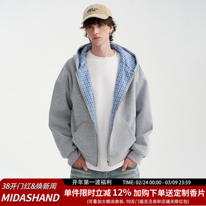 MIDASHAND 500g重磅休闲格纹连帽开衫秋季百搭卫衣外套男cleanfit