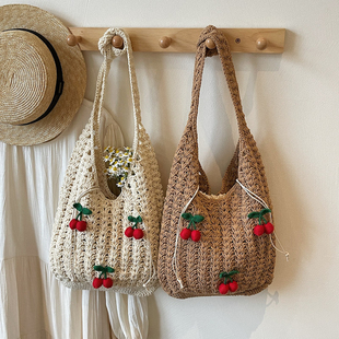 松弛感大容量编织包包2026春季 樱桃针织单肩包海边度假沙滩包 新款